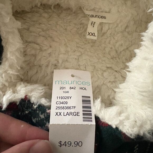 NWT Maurices Christmas Plaid Sherpa Lined Utility Vest Green Winter Size XXL - Picture 3 of 4